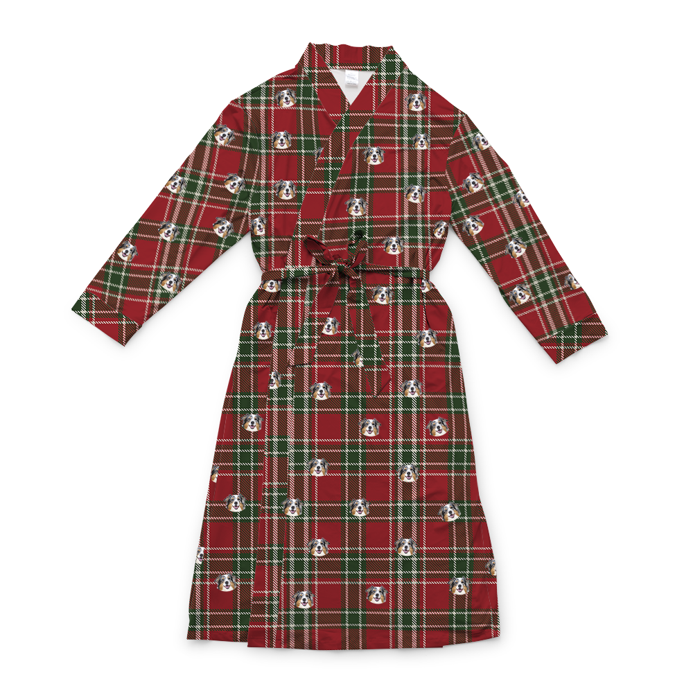 This is a robe in a Christmas Plaid print with repeating pet faces on it[ChristmasPlaidRobe]