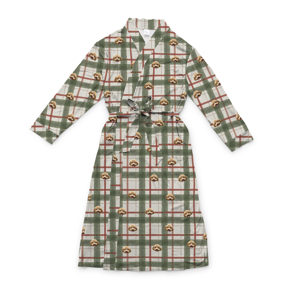 This is a robe in a Light Christmas Flannel print with repeating pet faces on it[LightChristmasFlannelRobe]