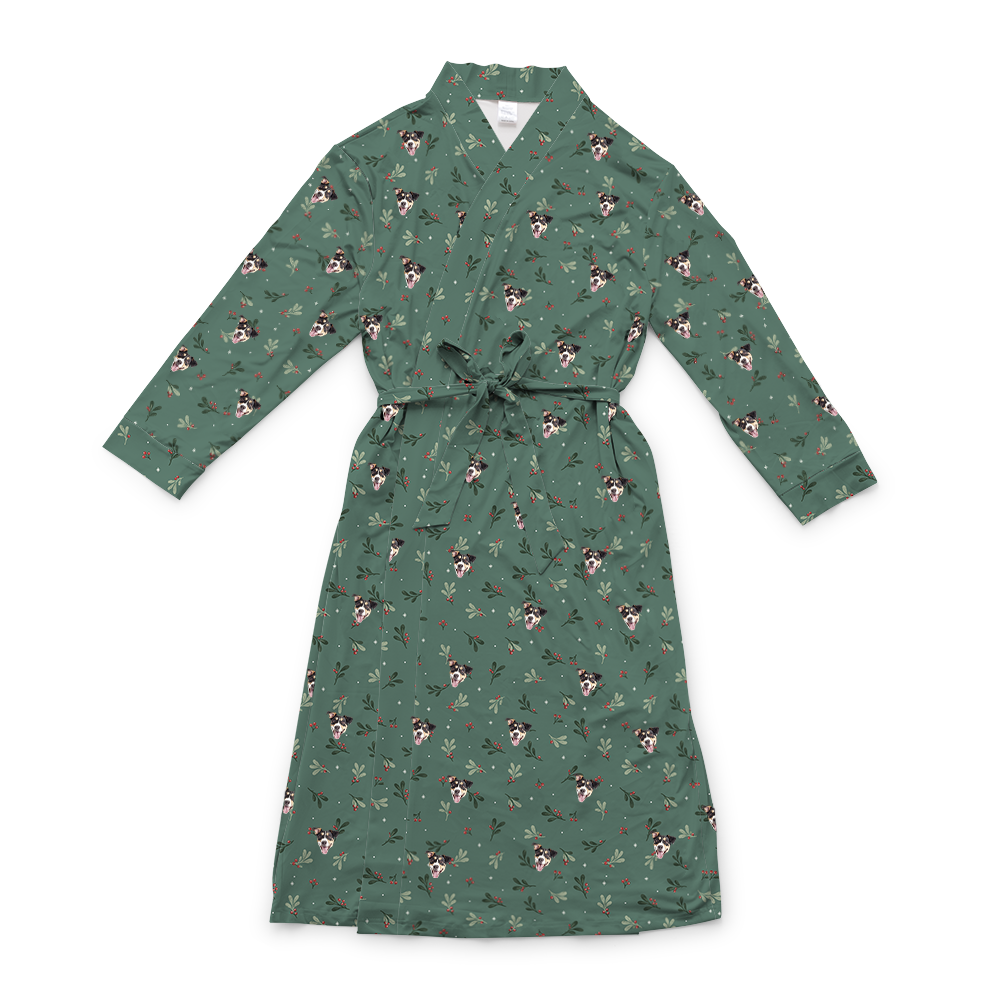 This is a robe in a Mistletoe print with repeating pet faces on it[MistletoeRobe]