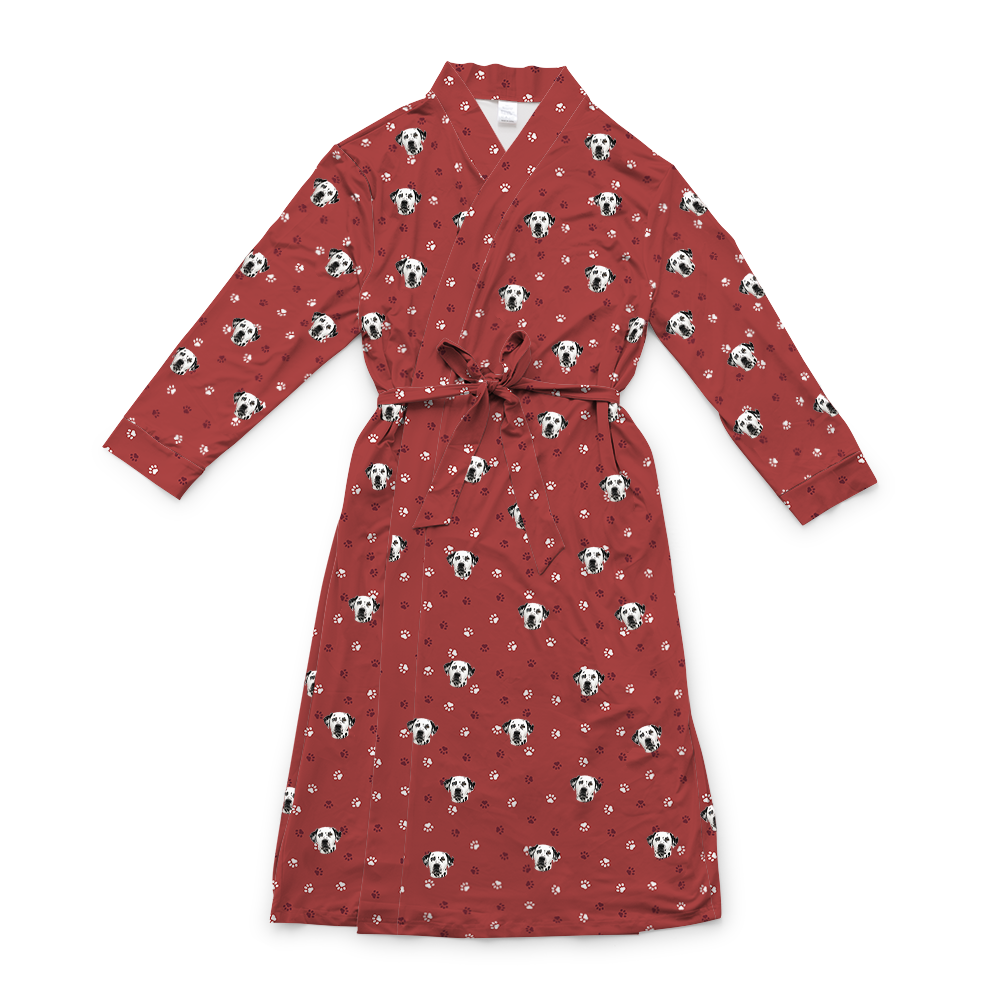 This is a robe in a Red Paws print with repeating pet faces on it[RedPawsRobe]