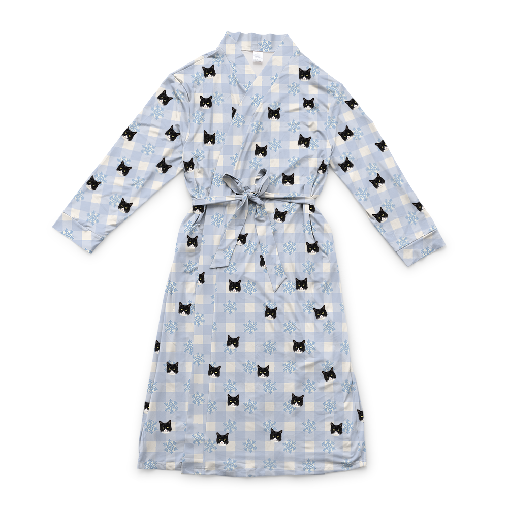 This is a robe in a Snowy Gingham print with repeating pet faces on it[SnowyGinghamRobe]