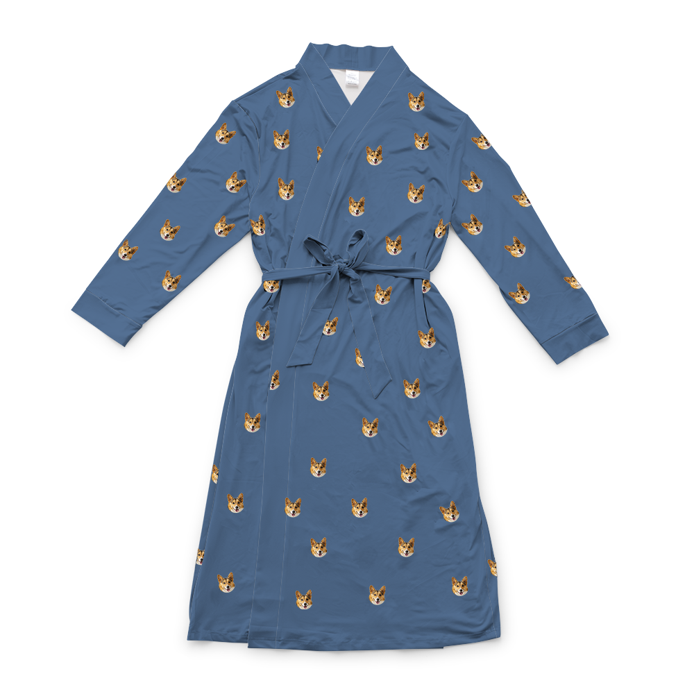 This is a robe in a Solid Blue print with repeating pet faces on it[SolidBlueRobe]