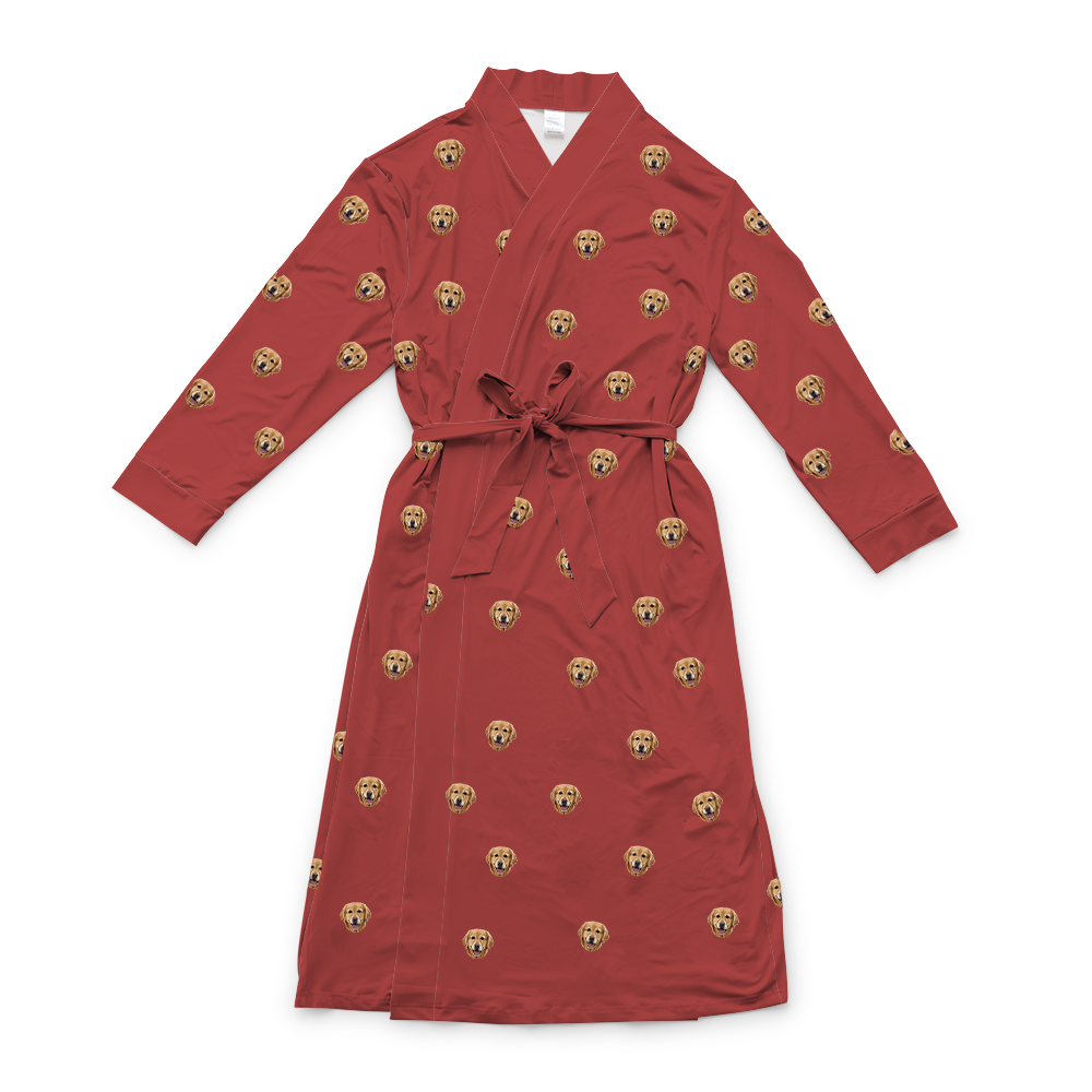 This is a robe in a Solid Red print with repeating pet faces on it[SolidRedRobe]