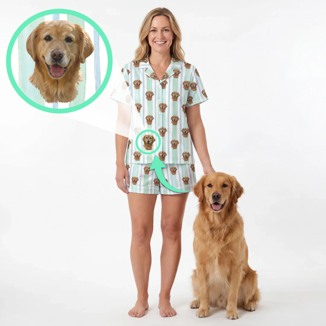 Woman wearing custom short-sleeve button-down pajama set in mint stripes printed with her Golden Retriever's face, standing next to her dog.   