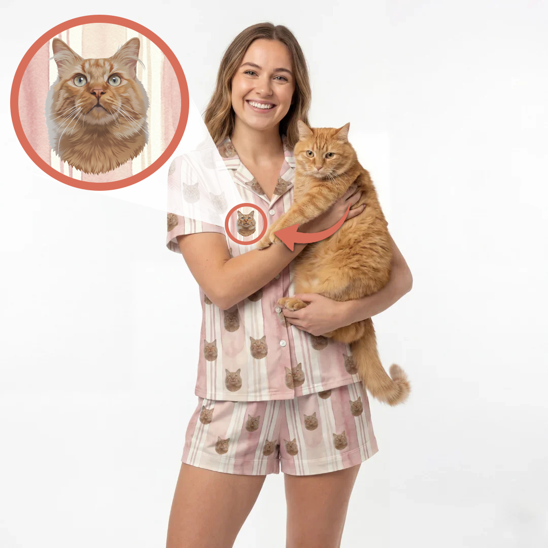 A woman wearing a pink and white cat-patterned pajama set holds an orange tabby cat against a white background. A circular inset at the top left shows a close-up of the cat's face, with a red arrow pointing to the matching cat motif on the pajama shirt.
