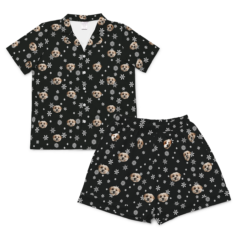 BlackandWhiteSnowflakesShortSleevePajamaShirt&amp;ShortsSet