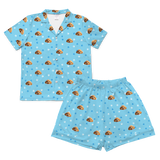 This is a cartoon pajama set which contains a short sleeve shirt with buttons and a short pajama[ShortSleevePajamaShirt&ShortsSet]