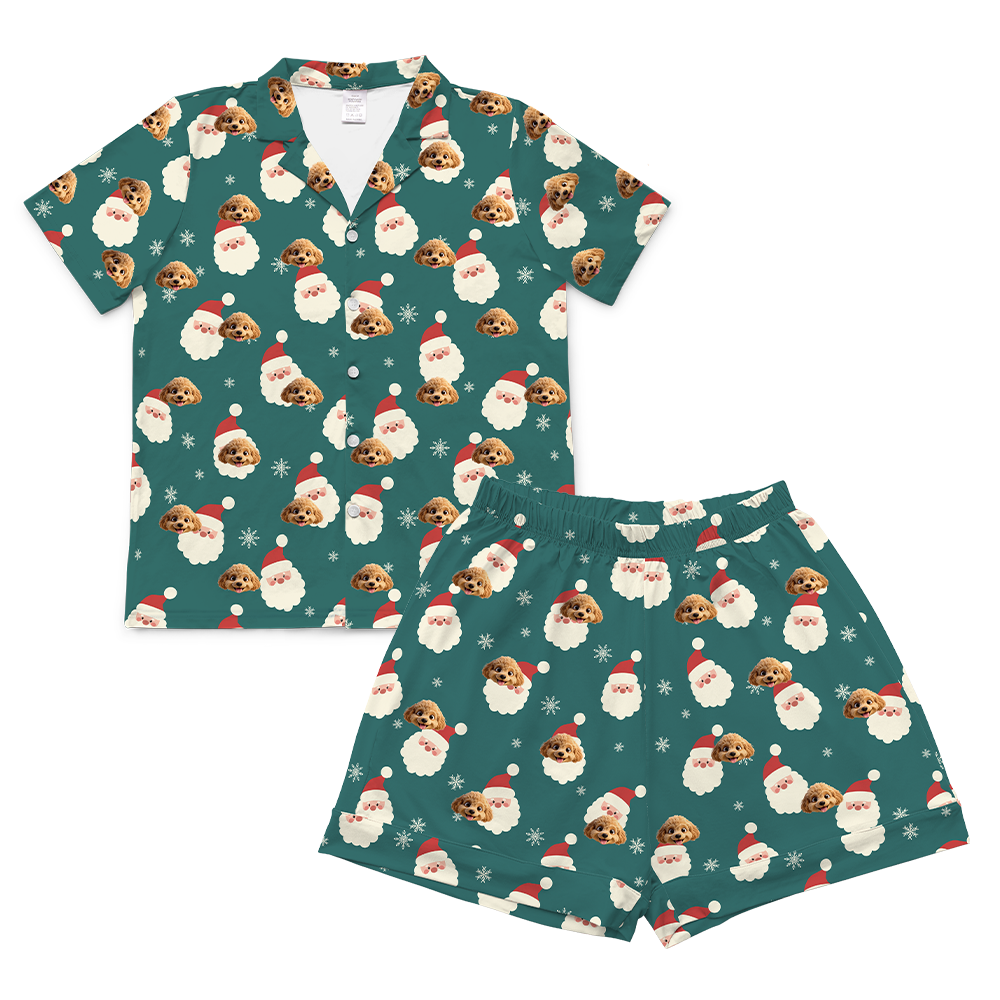 Christmas-themed pajama set with Santa Claus and dog pattern on a teal background