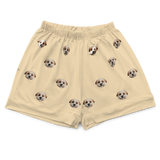 These are pajama shorts in a butter yellow color with repeating pet faces on them[ButterYellowPajamaShorts($45.00)]