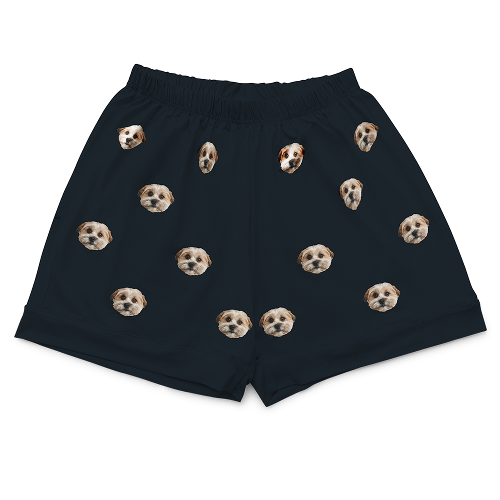 These are pajama shorts in a black color with repeating pet faces on them[PajamaShorts($45.00)]