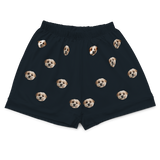 These are pajama shorts in a black color with repeating pet faces on them[BlackPajamaShorts($45.00)]
