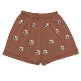 These are pajama shorts in a cocoa color with repeating pet faces on them[CocoaPajamaShorts($45.00)]