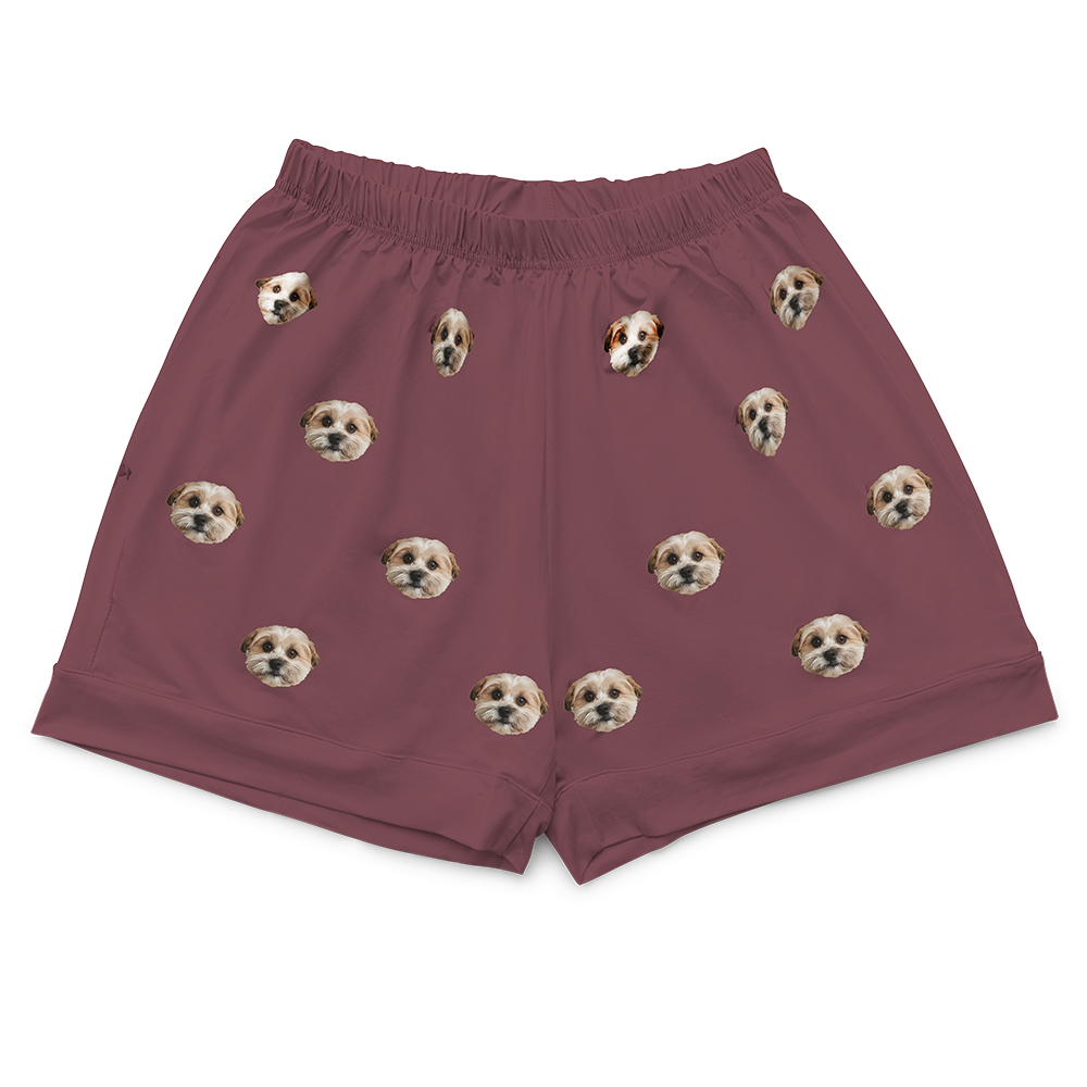 These are pajama shorts in a maroon color with repeating pet faces on them[PajamaShorts($45.00)]