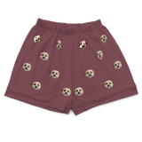 These are pajama shorts in a maroon color with repeating pet faces on them[MaroonPajamaShorts($45.00)]