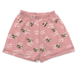 These are pajama shorts in a pink color with repeating pet faces on them[ILoveMomPajamaShorts($45.00)]