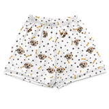 These are pajama shorts in a white color with repeating pet faces on them[PajamaShorts]