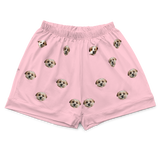 These are pajama shorts in a pink color with repeating pet faces on them[PinkDreamPajamaShorts($45.00)]