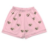 These are pajama shorts in a pink color with repeating pet faces on them[PajamaShorts($45.00)]