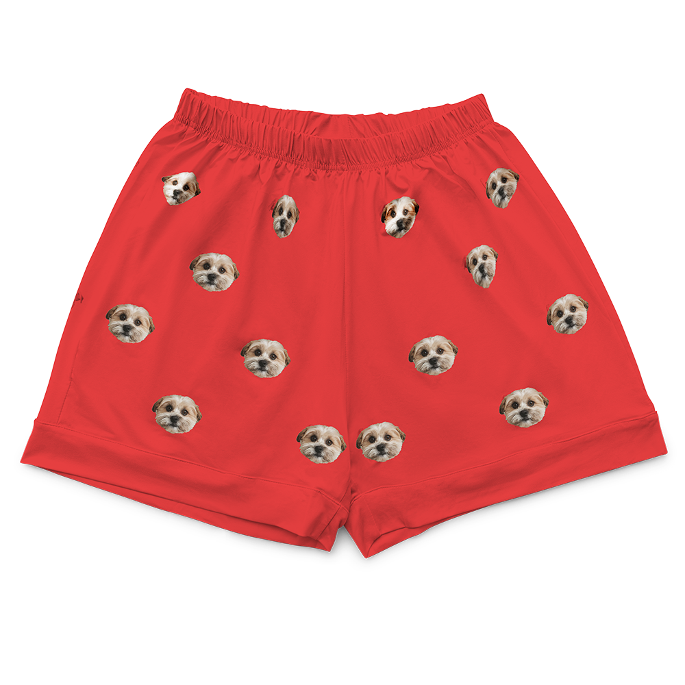 These are pajama shorts in a red color with repeating pet faces on them[SolidRedPajamaShorts($45.00)]