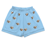 These are pajama shorts in a blue color with repeating pet faces on them[SkyBluePajamaShorts($45.00)]