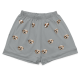 These are pajama shorts in a gray color with repeating pet faces on them[SlateGrayPajamaShorts($45.00)]