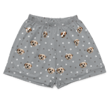 These are pajama shorts in a gray color with repeating pet faces on them[PajamaShorts($45.00)]