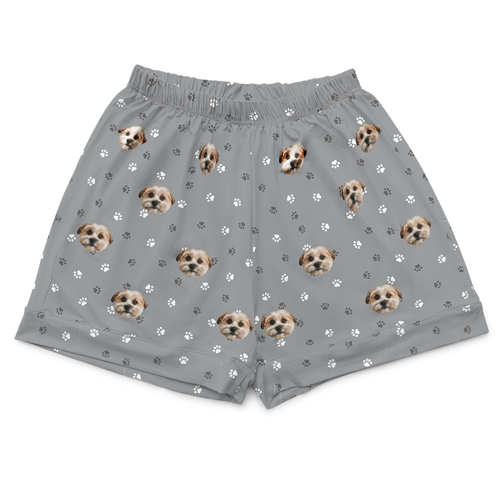 These are pajama shorts in a gray color with repeating pet faces on them[PajamaShorts($45.00)]