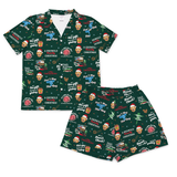 A two-piece short-sleeve pajama set consisting of a button-front collared shirt and matching shorts, both in a deep burgundy red fabric with an all-over print of dog faces inside circular frames.