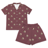 This is a pajama set which contains a short sleeve shirt with buttons and a short pajama[MaroonShortSleevePajamaShirt&ShortsSet($79.00)]