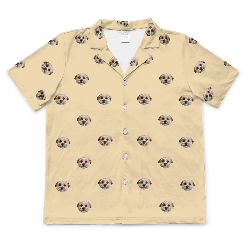 These are pajama shirt in a yellow color with repeating pet faces on them[ShortSleevePajamaShirt($45.00)]