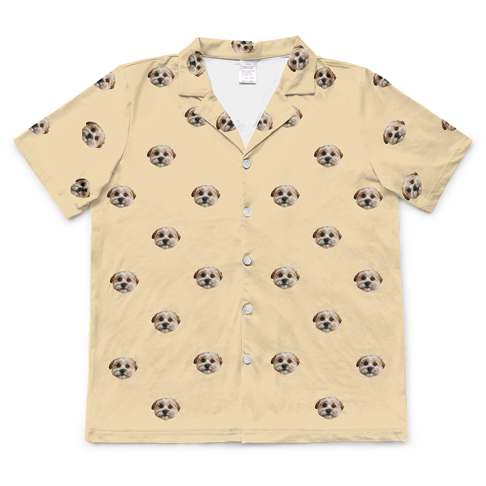 These are pajama shirt in a butter yellow color with repeating pet faces on them[ButterYellowShortSleevePajamaShirt($45.00)]
