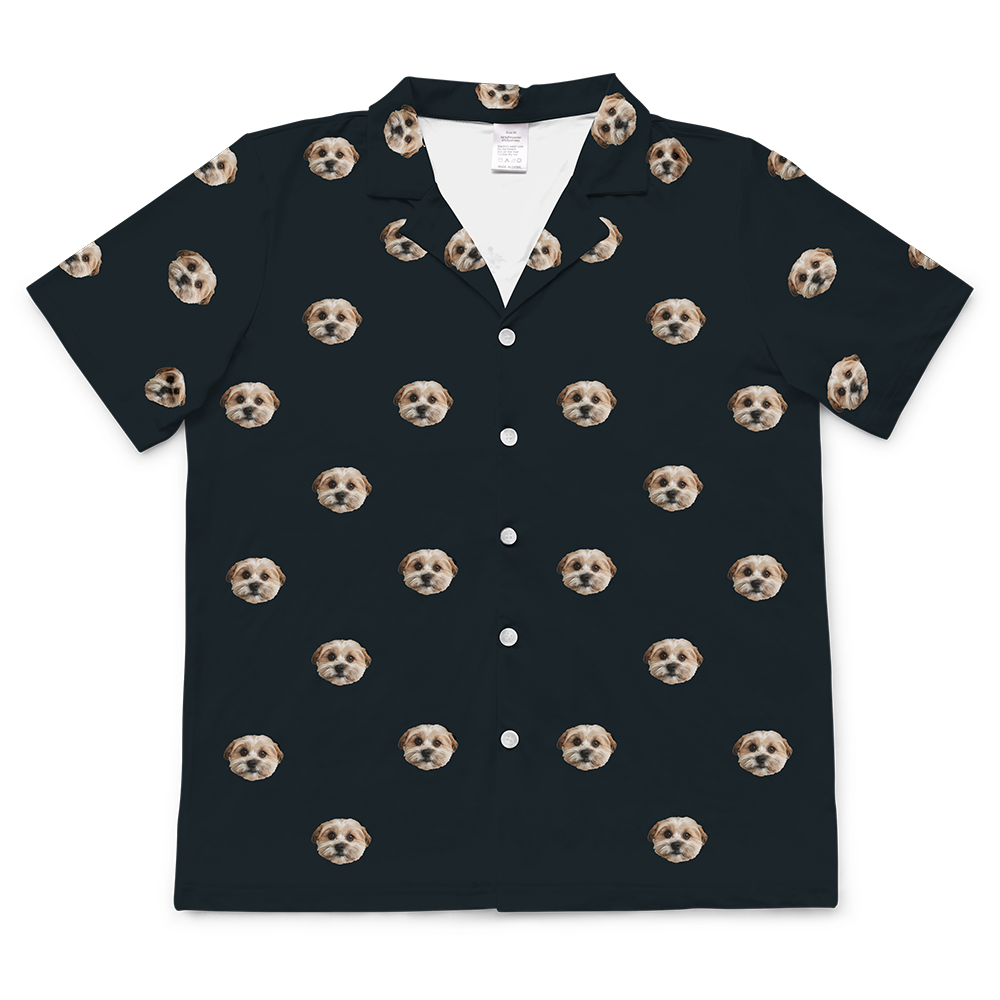 These are pajama shirt in a black color with repeating pet faces on them[ShortSleevePajamaShirt($45.00)]