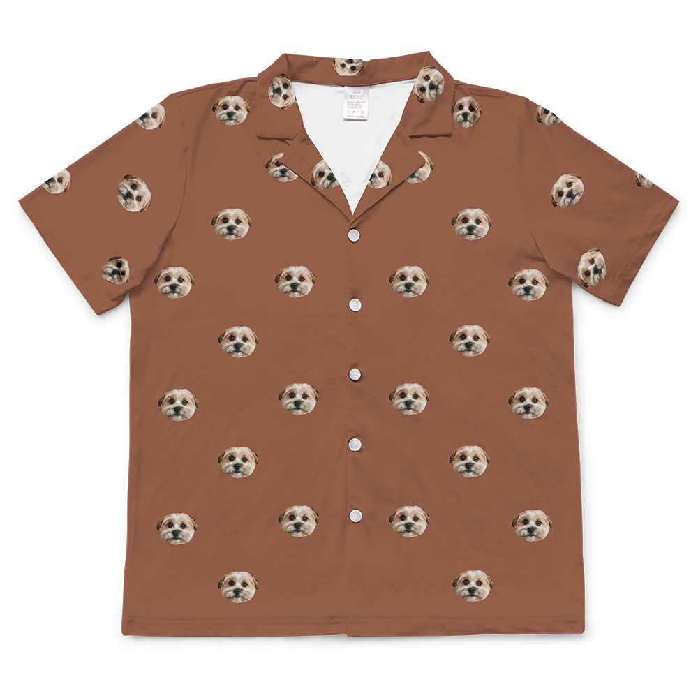 These are pajama shirt in a brown color with repeating pet faces on them[ShortSleevePajamaShirt]