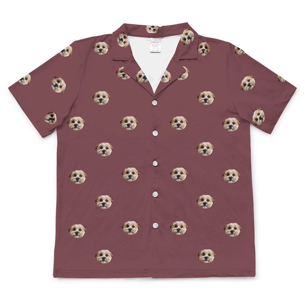 These are pajama shirt in a maroon color with repeating pet faces on them[ShortSleevePajamaShirt]