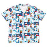 A short-sleeve button-up camp collar shirt featuring an all-over cartoon print of white dogs in winter outfits, including snowman hats, scarves, and boots, set against a blue and white background.
