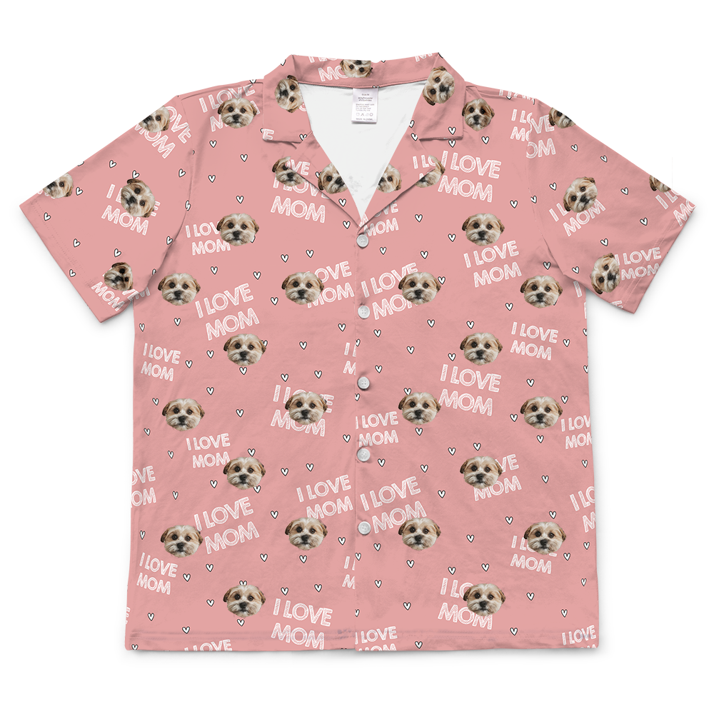 These are pajama shirt in a pink color with repeating pet faces on them[ILoveMomShortSleevePajamaShirt($45.00)]