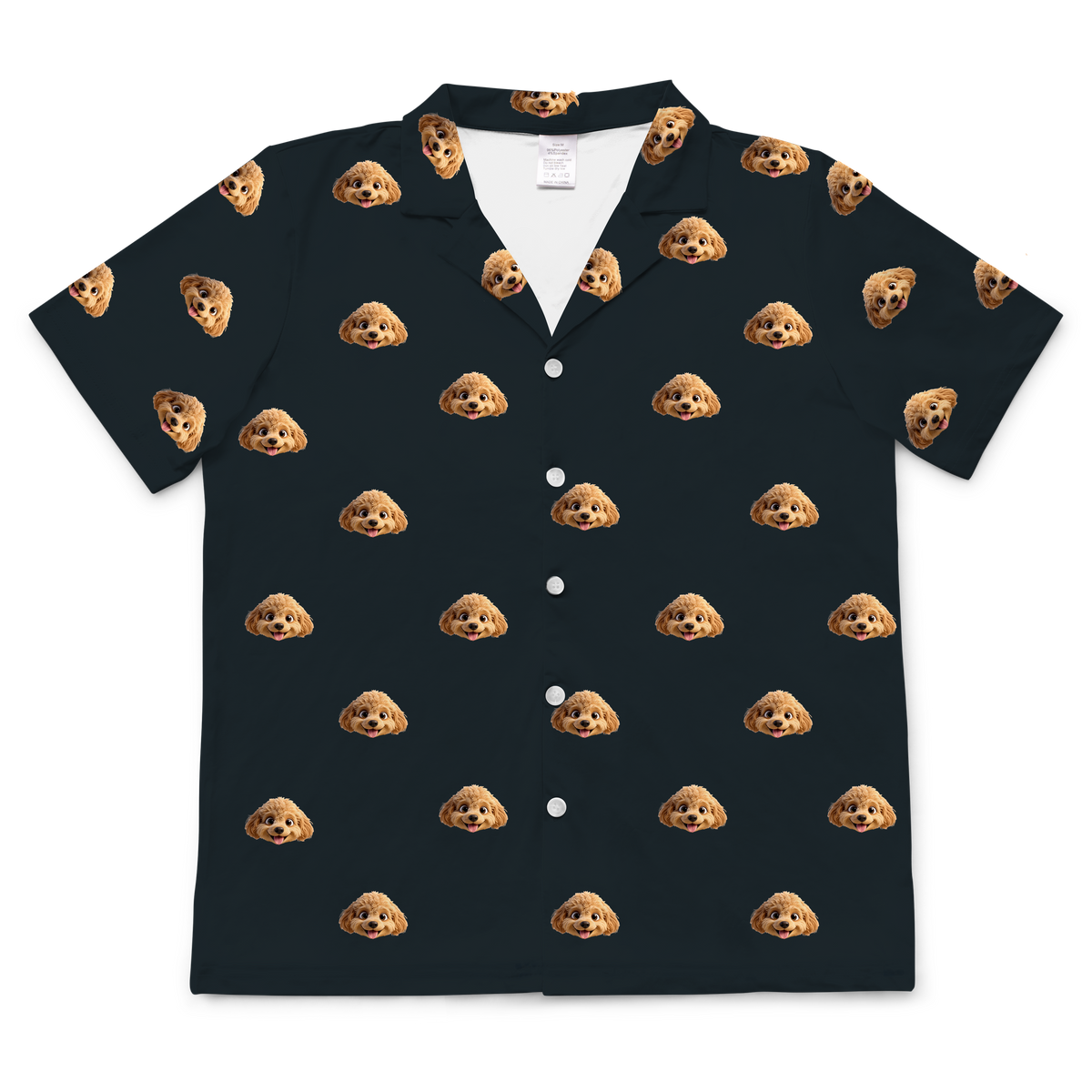 Custom pet face short-sleeve pajama shirt in black with repeating dog portraits, cartoon style design.