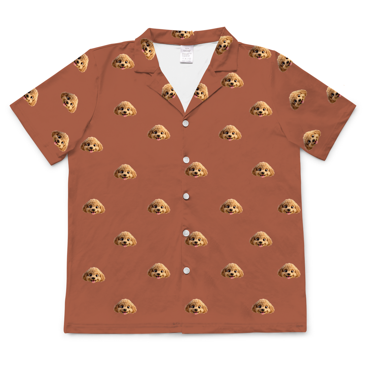 Custom pet face short-sleeve pajama shirt in cocoa brown with repeating dog portraits, cartoon style design.