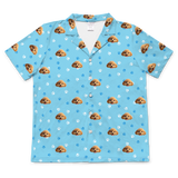 These are cartoon pajama shirt in a light blue color with repeating pet faces on them[ShortSleevePajamaShirt]