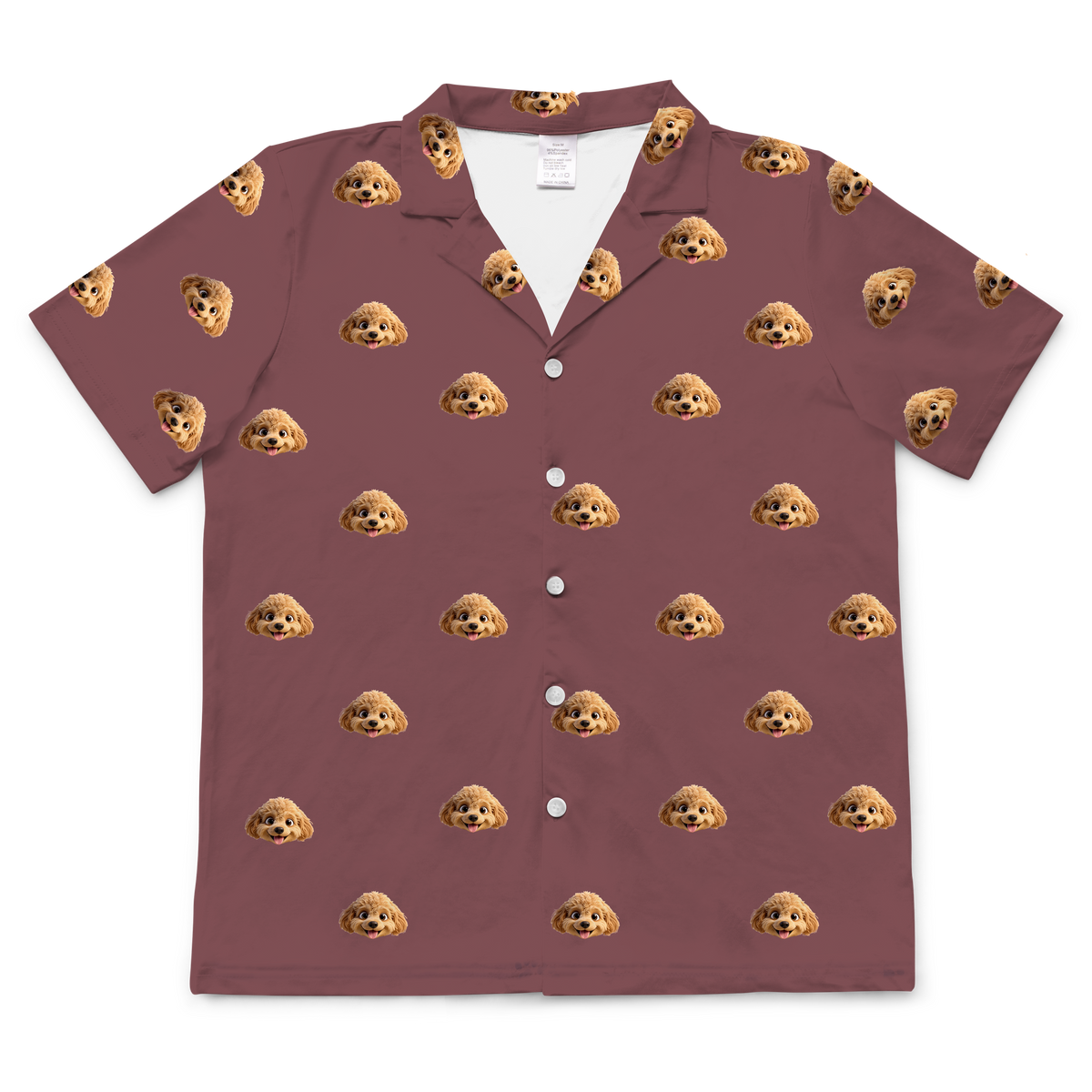 Custom cat face pajama set in solid red with repeating dog portraits on long-sleeve top and pants, shown with phone displaying original dog photo.