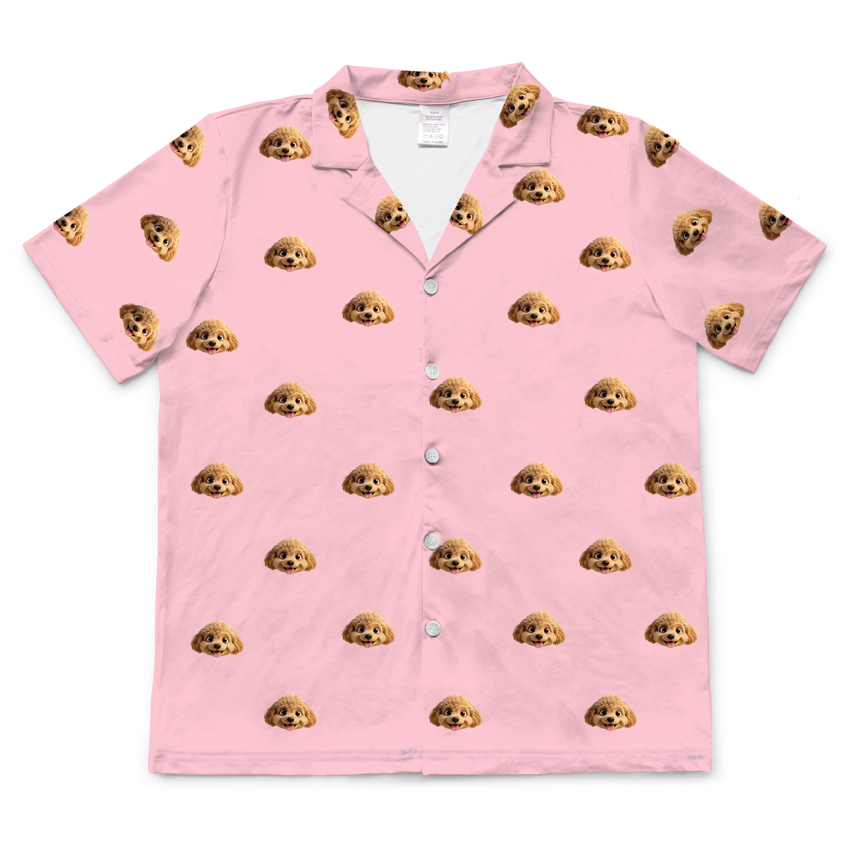 Pink shirt with dog emoji pattern on a white background