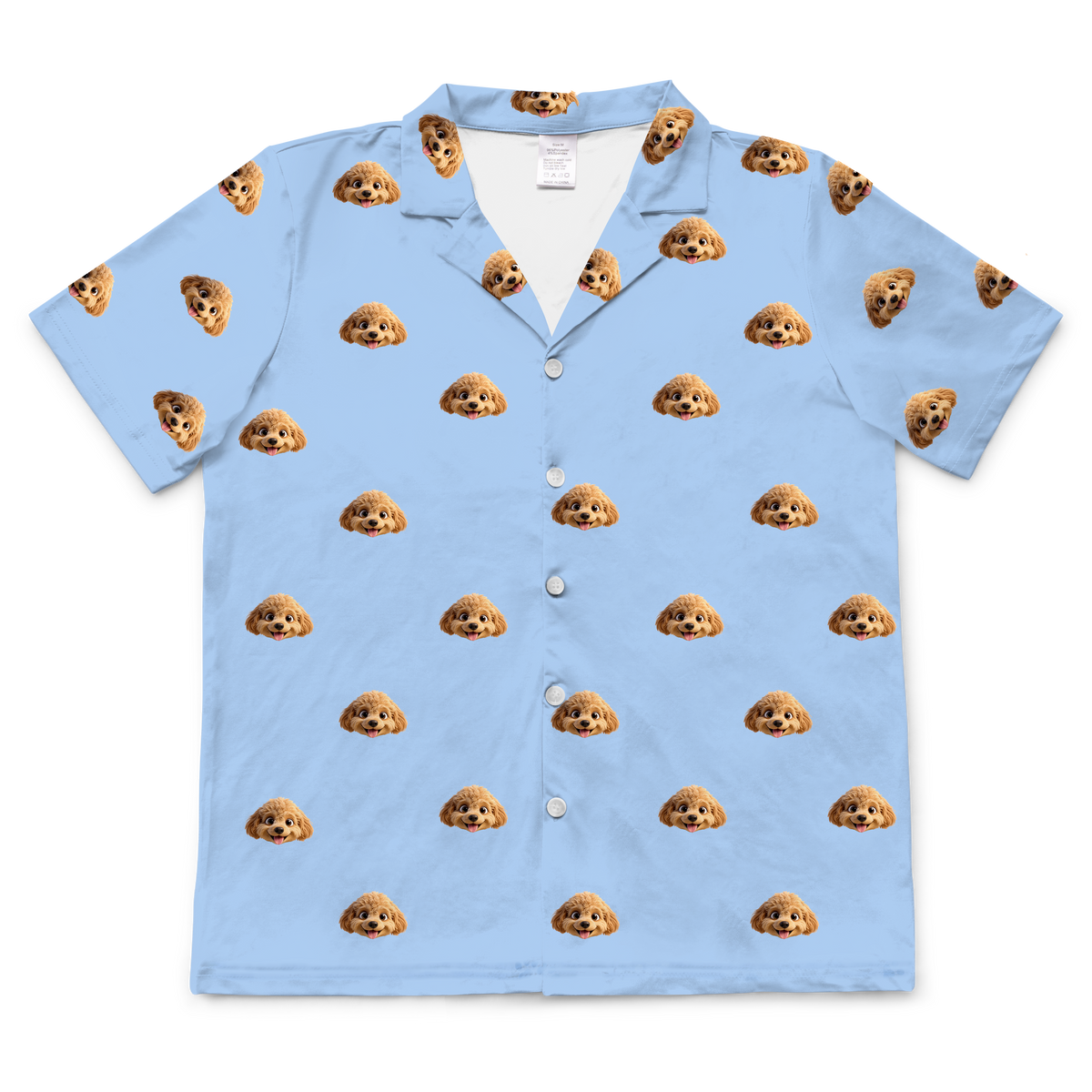 These are cartoon pajama shirt in a sky blue color with repeating pet faces on them[ShortSleevePajamaShirt]