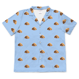 These are cartoon pajama shirt in a sky blue color with repeating pet faces on them[ShortSleevePajamaShirt]