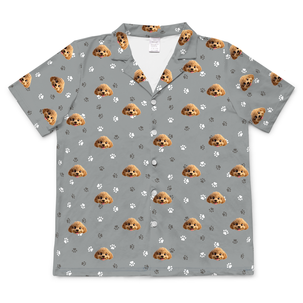 These are cartoon pajama shirt in a gray color with repeating pet faces on them[ShortSleevePajamaShirt]