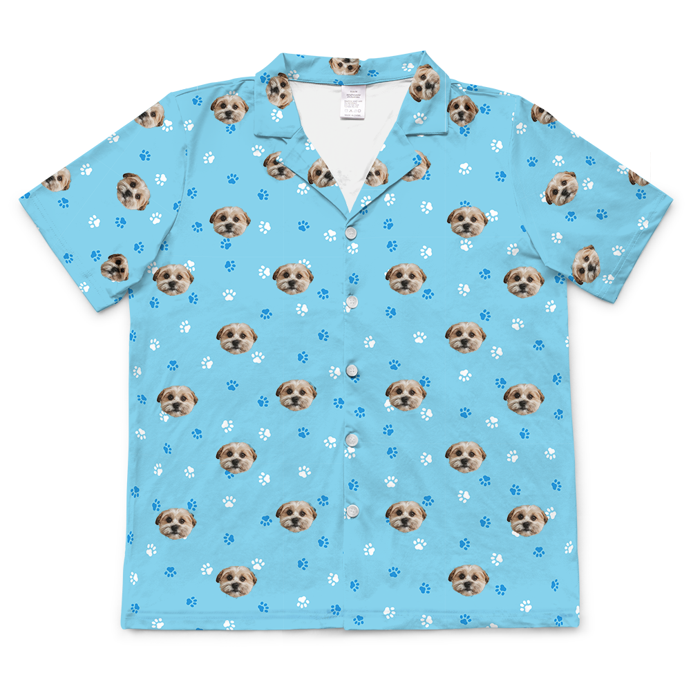 These are pajama shirt in a blue color with repeating pet faces on them[ShortSleevePajamaShirt($45.00)]