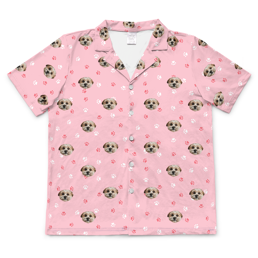 These are pajama shirt in a pink color with repeating pet faces on them[ShortSleevePajamaShirt($45.00)]