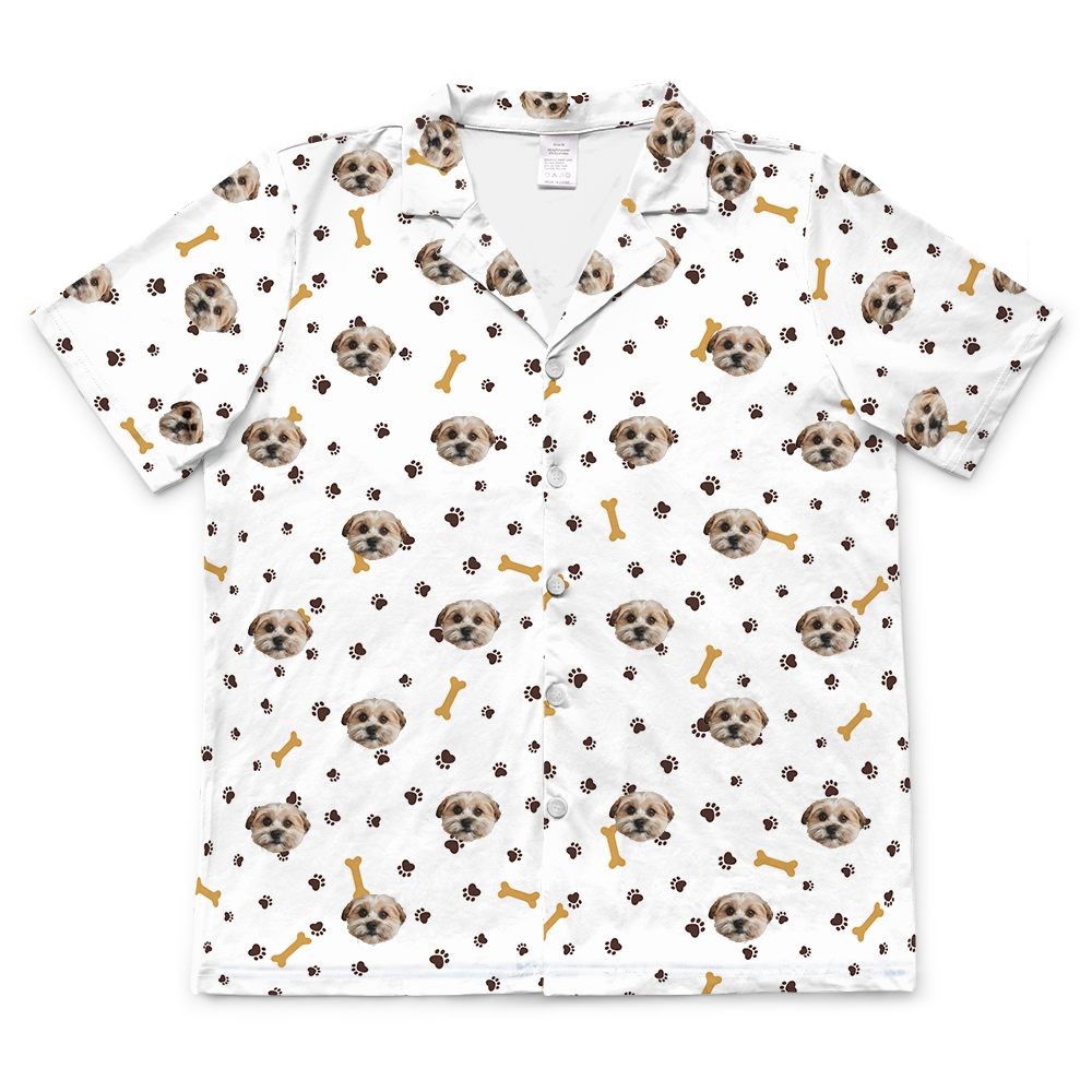 These are pajama shirt in a white color with repeating pet faces on them[ShortSleevePajamaShirt($45.00)]