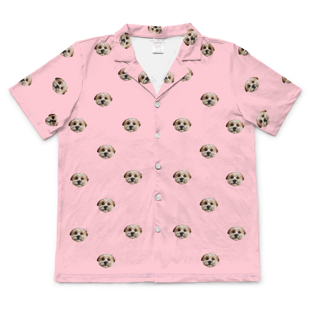 These are pajama shirt in a pink color with repeating pet faces on them[ShortSleevePajamaShirt]