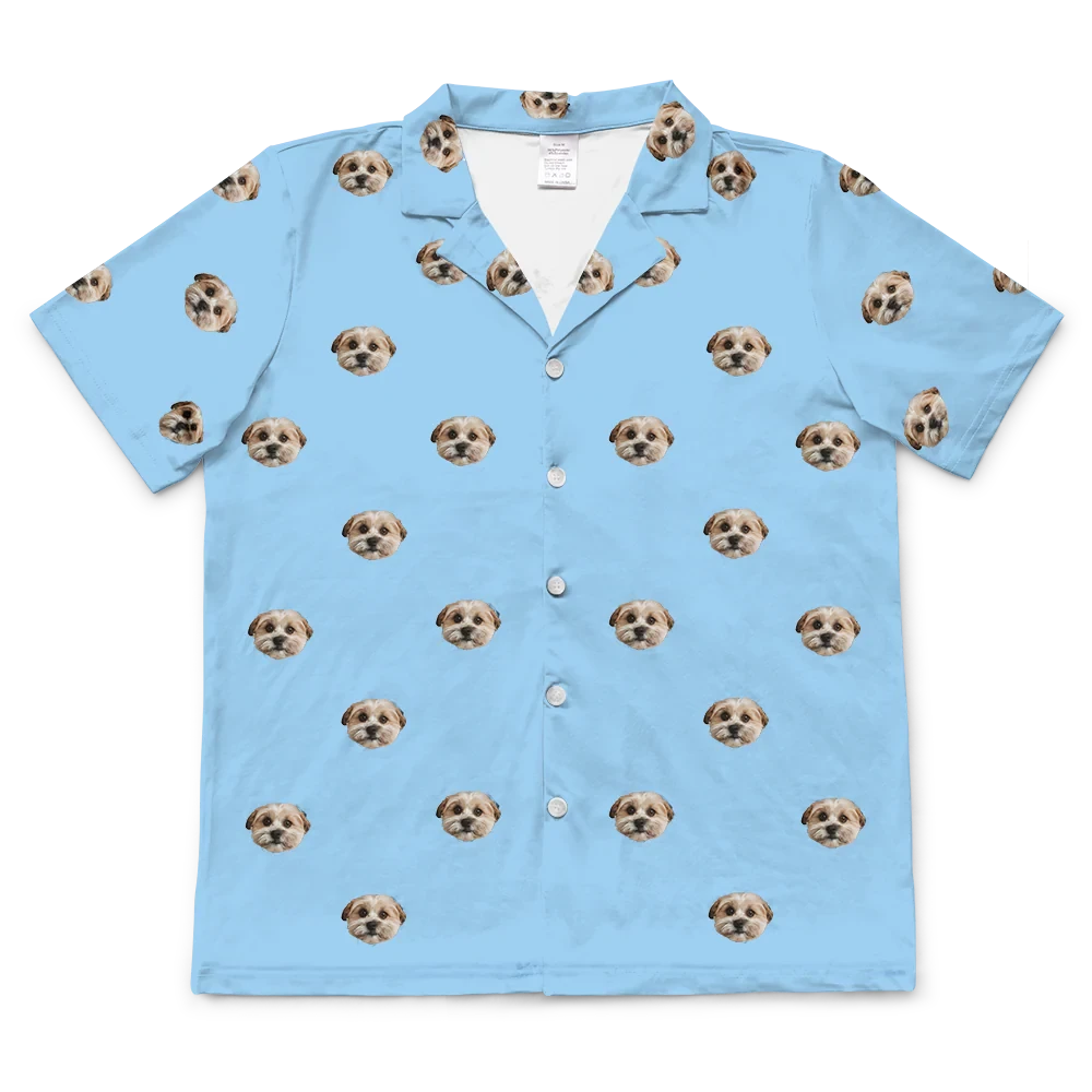 These are pajama shirt in a blue color with repeating pet faces on them[ShortSleevePajamaShirt($45.00)]