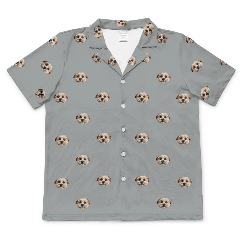 These are pajama shirt in a gray color with repeating pet faces on them[ShortSleevePajamaShirt($45.00)]